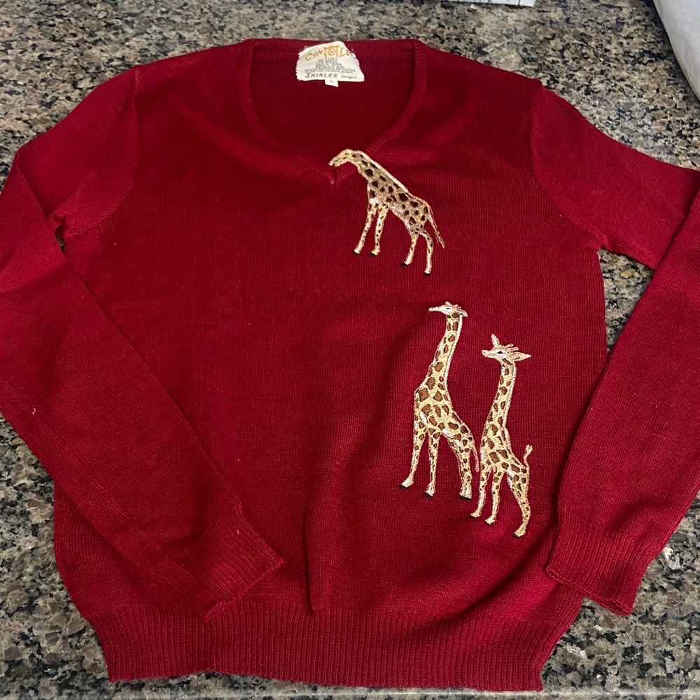 vintage Cyn-Les by Shirlee Designs sweater with giraffe embroidery maroon brown - Picture 2 of 13